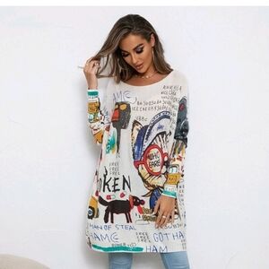 Ellazhu Long Sleeve Crewneck Casual Graphic Art Print Tunic Sweater